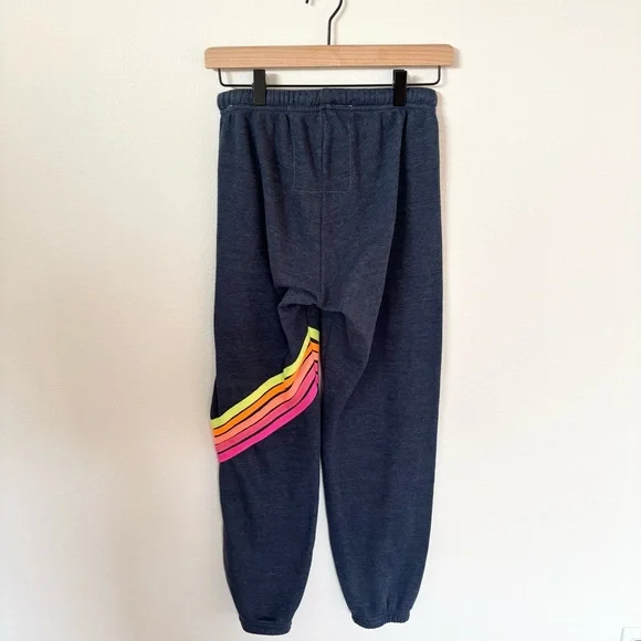 Aviator Nation 5 Stripe Sweatpants Diagonal Joggers Navy Rainbow Neon Size Small - Picture 3 of 6